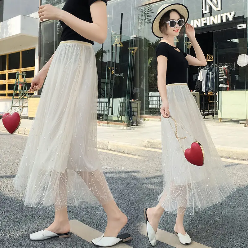 Fashion New Women Summer Tulle Long Skirt High Waist Apricot Chiffon Loose Casual Beading Lace Mesh Pleated Skirts Womens | Женская