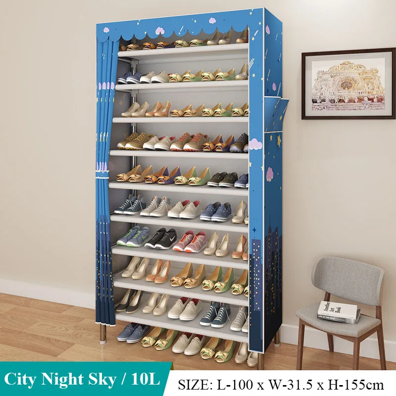 City Night Sky 10L Многослойная Простая Стойка для обуви, ткань Оксфорд, Болдинг, рама из нержавеющей стали, шкаф для хранения обуви, экономия пространства, органайзер для обуви, шкаф - Цвет: City Night Sky 10L