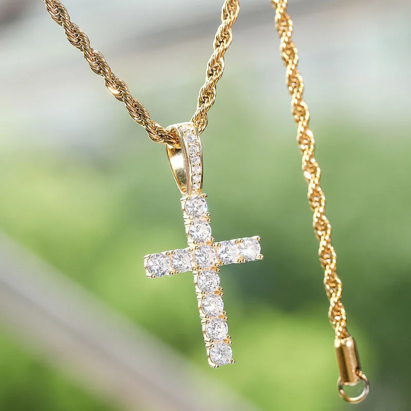 S925 Sterling Silver Prong Setting AAA CZ Stone Bling Ice Out Cross Pendants Necklaces Women Men Hip Hop Rapper Jewelry
