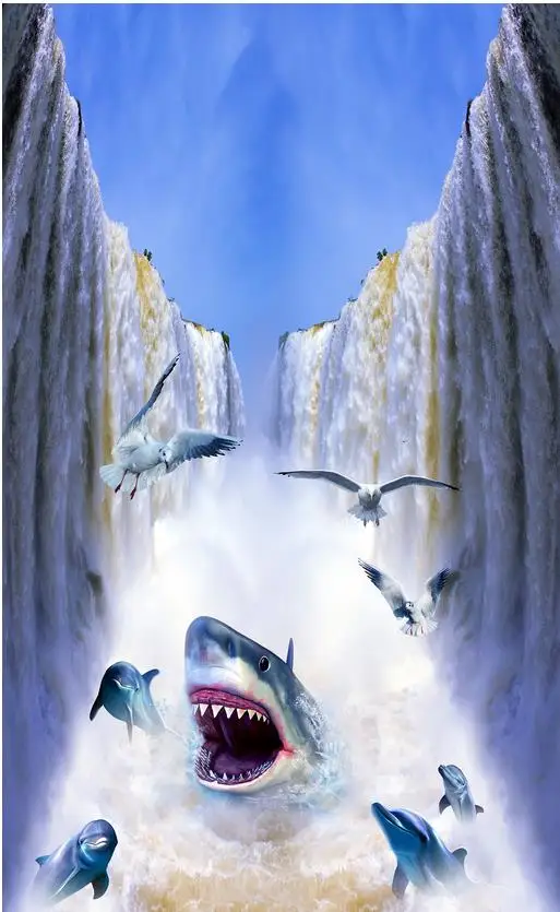 Современная Настенная 3D-картина на заказ ПВХ водопад с акулами самоклеящиеся