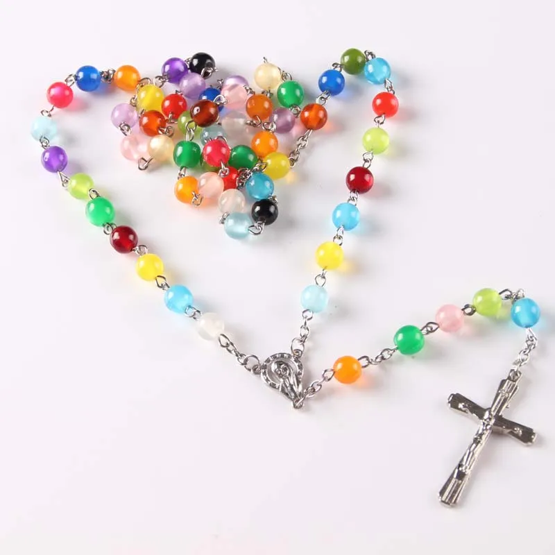 

New High Quality Cross Pendant colorful colored Rosary Beads Necklace Brand New 10 pcs/ lot