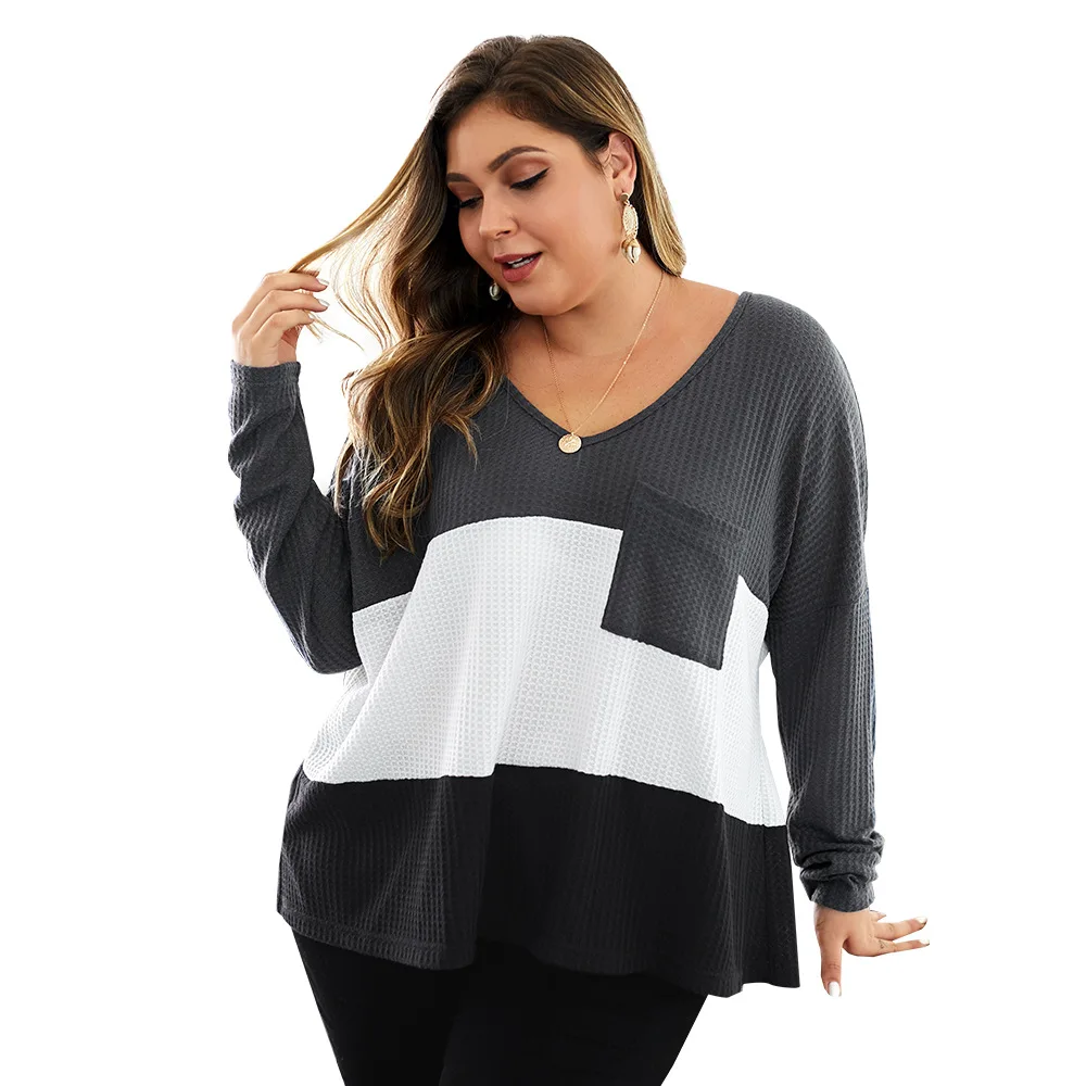 Casual V neck Plus size Women Knitted Sweater Autunm Long Sleeve Striped Splice women tops Pocket loose elegant thin Knitwear | Женская