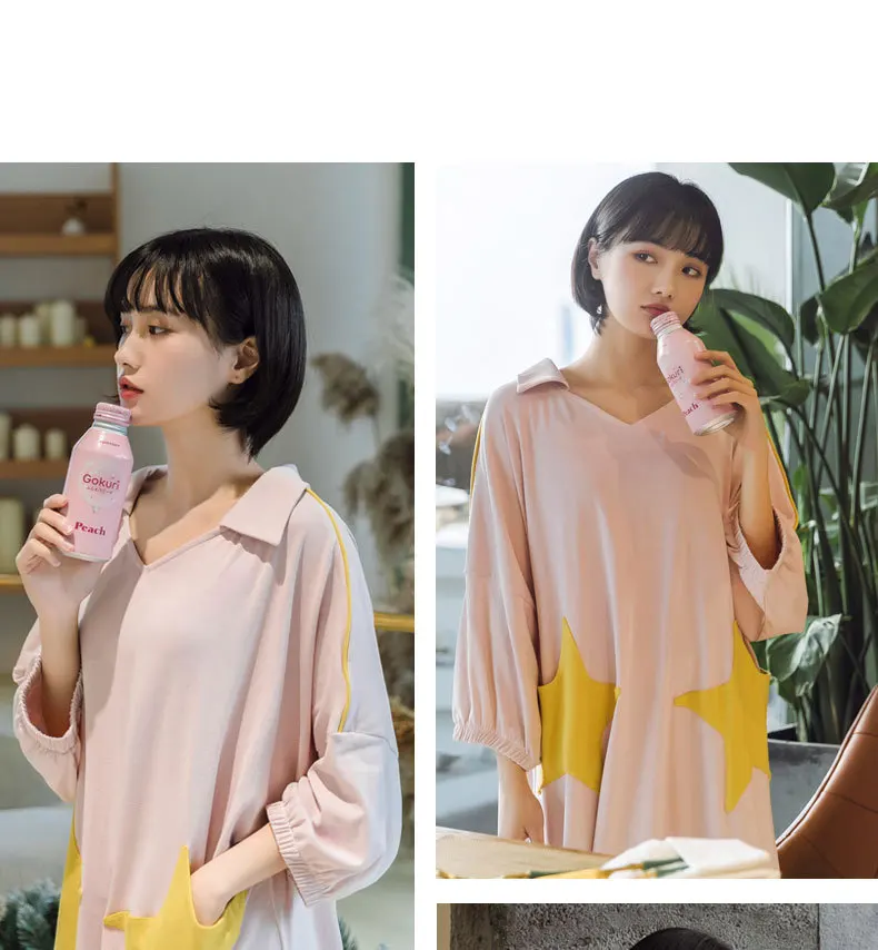 New Stars Nightgown Sleep Wear Blue Night Shirt Home Dress Blue Cotton Nightwear Women Plus Size Plain Nightdress Nighty