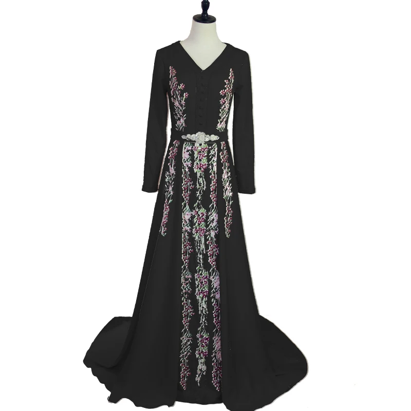Черный Элегантное мусульманское вечернее платье марокканский кафтан Robe De Soiree Дубай Кружевная аппликация торжественное платье с длинным рукавом платье на выпускной - Цвет: Черный