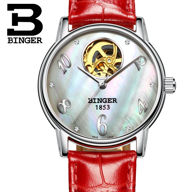 Switzerland Binger женские часы роскошные скелетоны с кожаным ремешком автоматические