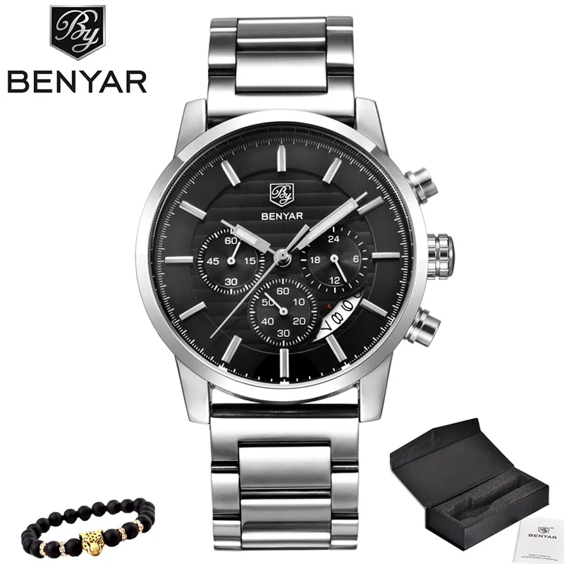 5104-G black BENYAR, бизнес, хронограф, спортивные, все стали, мужские часы, лучший бренд, Роскошные, военные, кварцевые, мужские часы, наручные часы, Relogio Masculino - Цвет: 5104-G black