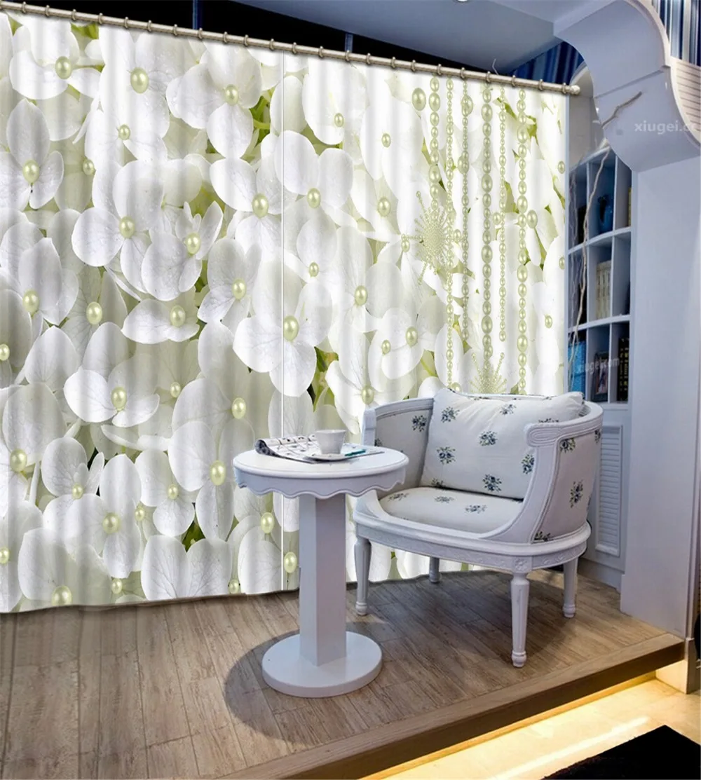 

Fashion Customized 3D Curtain Blackout Curtain Fabric White Pearl Flower Curtains For Bedroom Decor Tapestry Wall Carpet Drapes