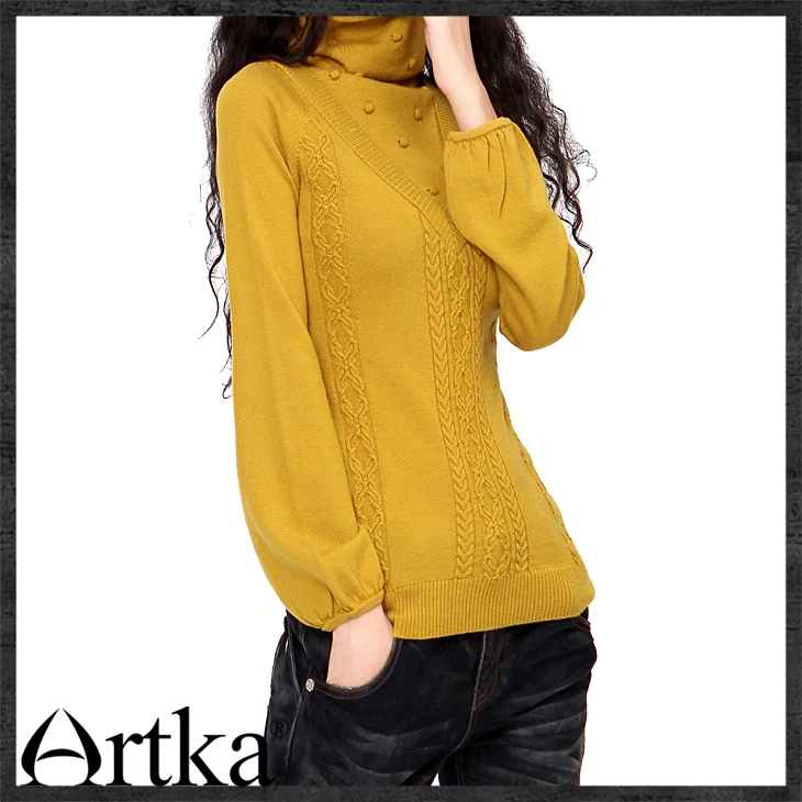 ARTKA Women'S Vintage Style Graceful Slim Turtleneck Pullovers Solid Wool Flowers Full Lantern Sleeve Winter Sweater YB15435D | Женская