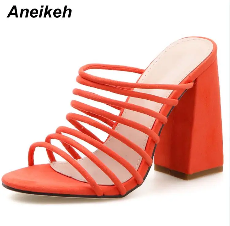 Orange Aneikeh/ г.; мелкая лаконичная обувь из флока на высоком каблуке; тапочки на квадратном каблуке; пикантные женские туфли-лодочки с открытым носком; цвет оранжевый; Размеры 35-42 - Цвет: Orange