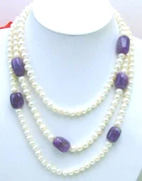 qingmos white natural 6 7mm pearl 60 necklace for women with natural baroque purple amethyst gem stone fine jewelry 5268