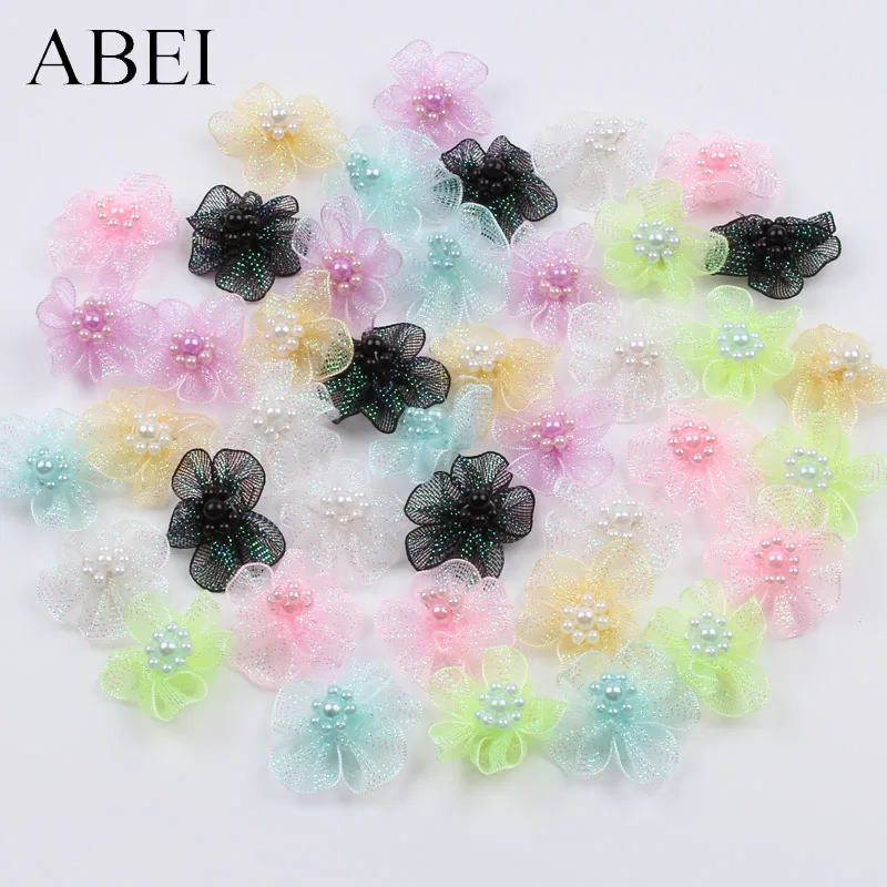 

30pcs 3cm Mesh Pearl Beads Flowers DIY Shoes Hats Clothes Jewelry Decorative flowers Silk Rose Wedding Party Decoration