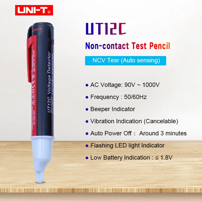 

UNI-T UT12C детектор напряжения переменного тока, бесконтактный Тестер Напряжения 90-1000 В, 50/60 Гц, автоматическое отключение, вибрирующий индикат...