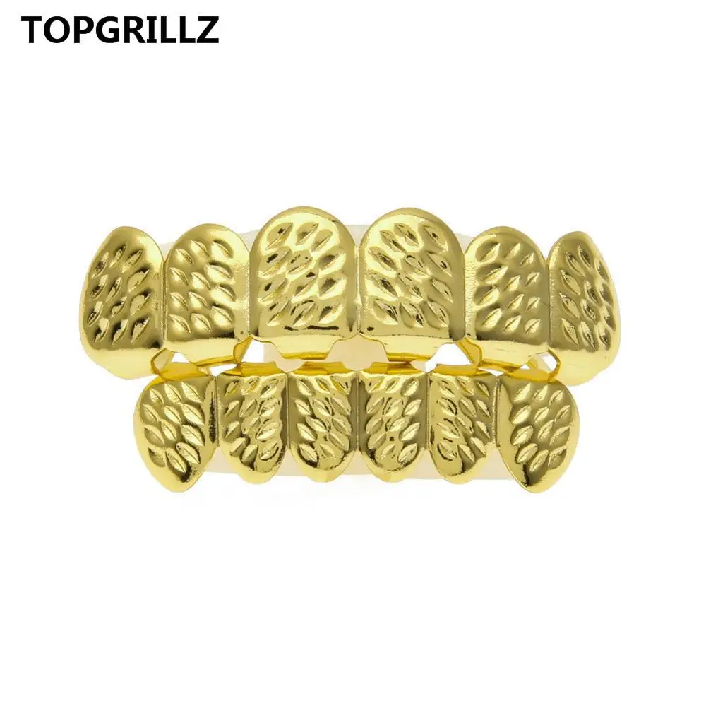 Gold Set TOPGRILLZ Custom Fit позолоченный хип-хоп d-вырез Зубы сетки накладки Топ и нижний зуб Набор для рождественской вечеринки, женщин, мужчин - Окраска металла: Gold Set