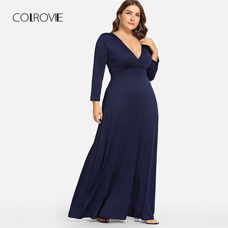 COLROVIE размера плюс темно-синий топ с глубоким V-образным вырезом Вечерние Платье Для женщин осеннее платье с длинными рукавами элегантное платье Винтаж зимние Макси платья