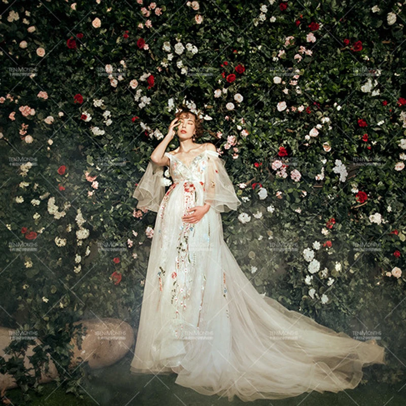 Maternity Photography Props Pregnant Dresses Deep V Collar Clothes Floor Length Embroidery Elegant A Line Photo Shoot | Мать и ребенок