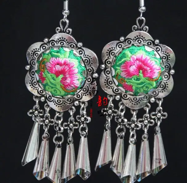 Ручной работы из Miao серебра серьги ткани в этническом стиле Стиль ретро длинные