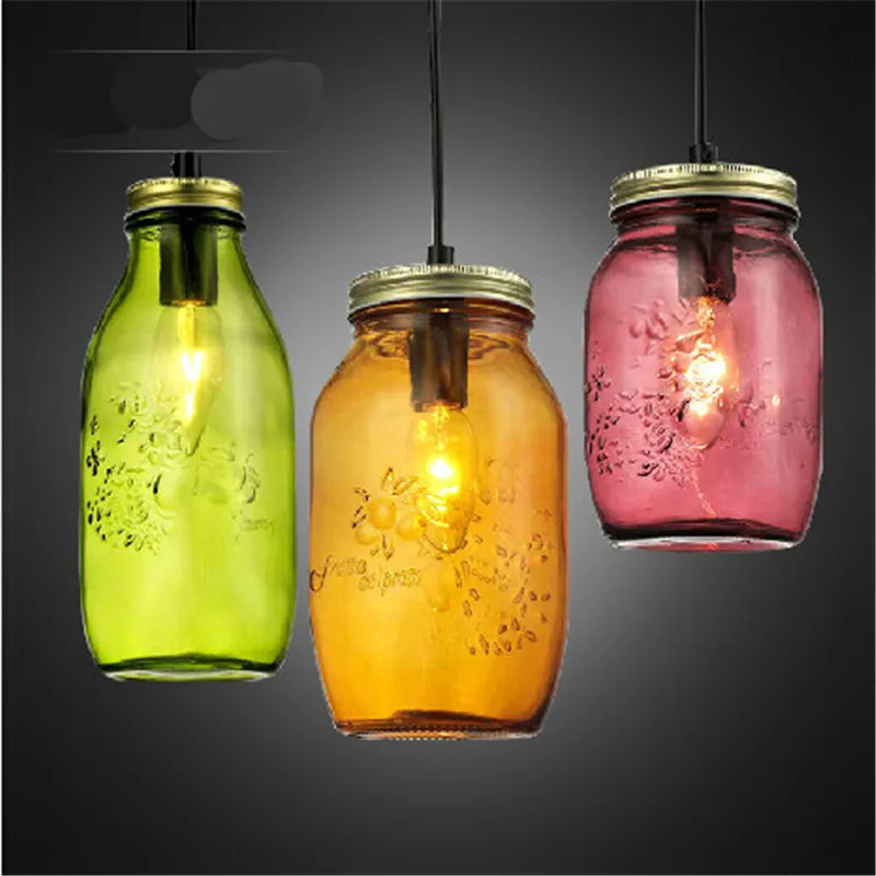 Винтаж конфеты ручной работы Цвета Led E27 Стекло Jar бутылка подвесной светильник