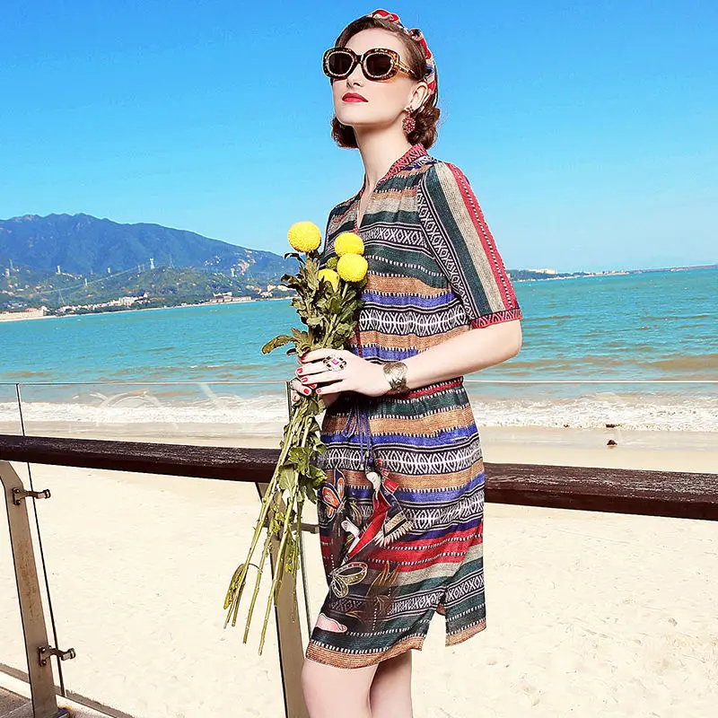 Новый Летний 2017 женщин Ретро Китайском Стиле Полосатый Прямо Dress Уверен Дамы