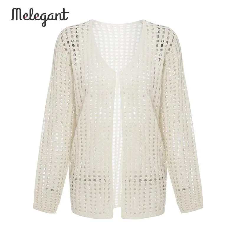 Melegant Autumn winter 2019 Casual Women Cardians Sweater Hollow Out Solid White Cardigan Female Knitwear Plus Size |