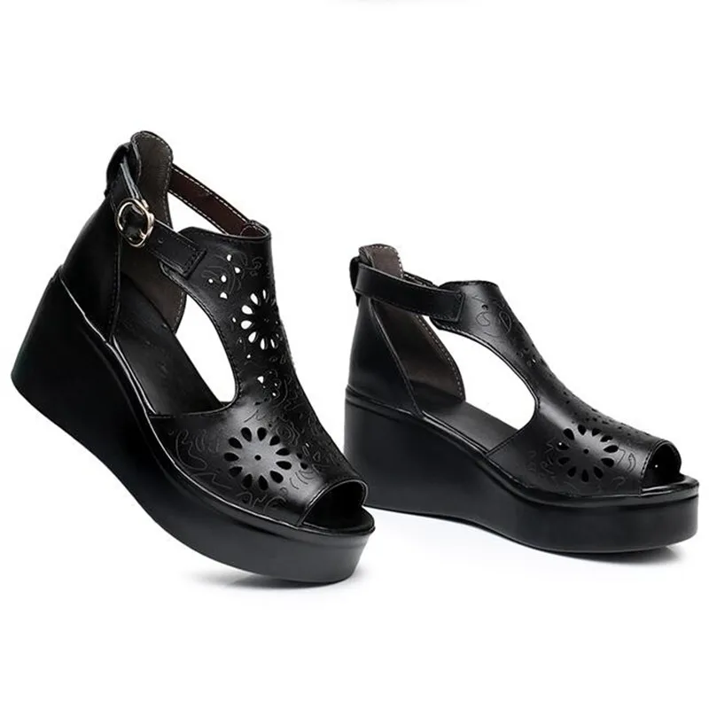 ZXRYXGS Brand Sandals Hollow Cow Leather Sandals Women Shoes Sandals Wedges high heels Summer Shoes Woman Fashion Sandals