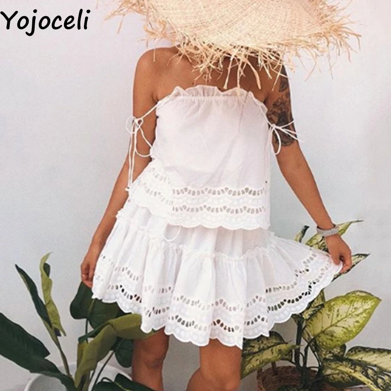 Yojoceli Сексуальное Белое Кружевное платье без рукавов на бретелях Летние