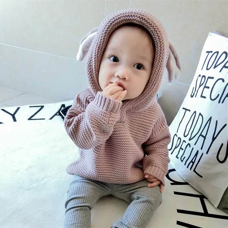 

DFXD Toddler Girls Sweaters 2017 New Autumn Cotton Soild Long Sleeve Pullover Hooded Sweater Kids Cartoon Bunny Ear Knitwear