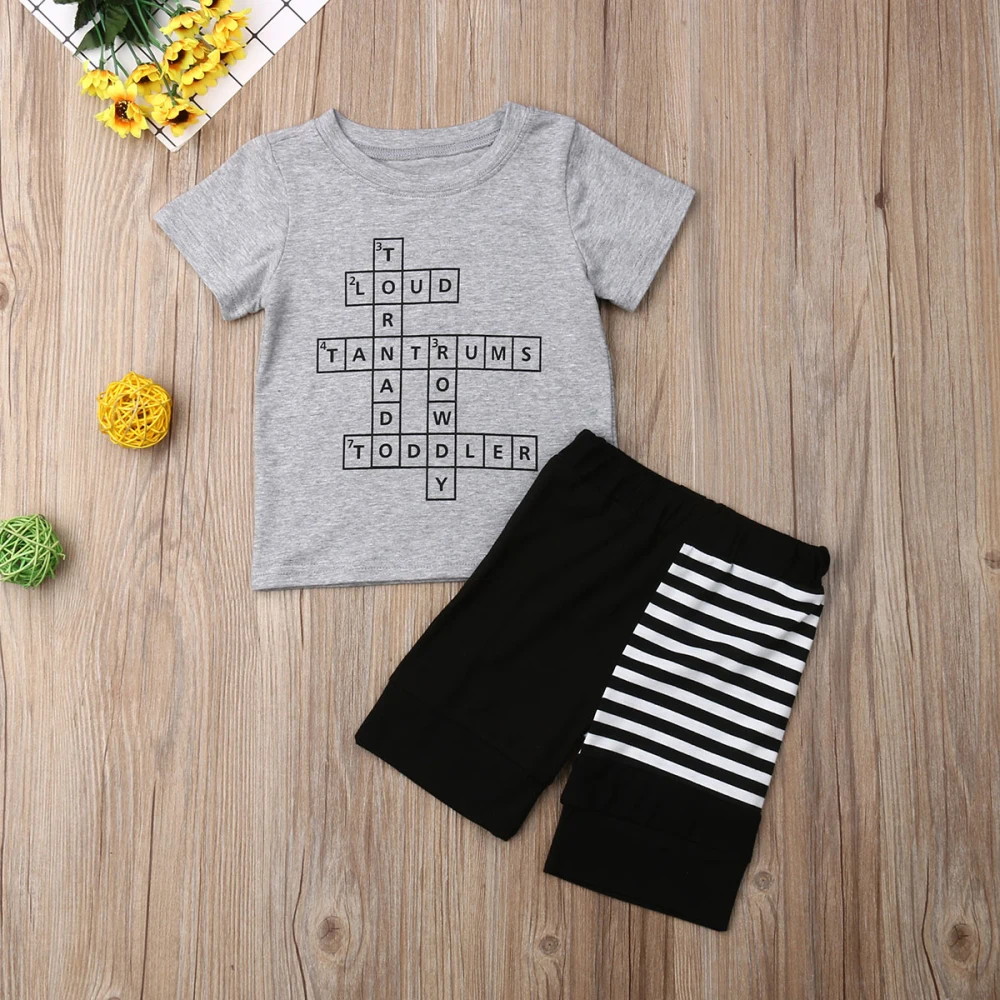 2019 Summer Toddler Infant Baby Boys Crossword Outfits Short Sleeve Tops T-shirt Striped Shorts Casual Clothes Sets | Детская одежда и