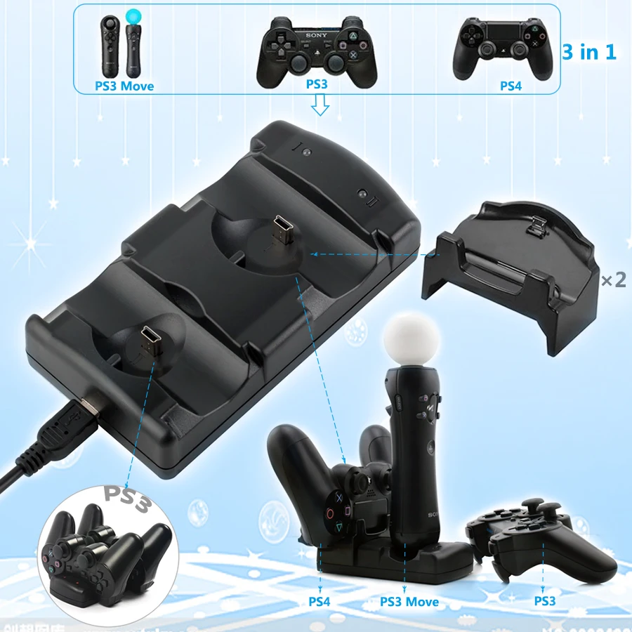 Зарядная док-станция KYVG 5 в 1 с двумя USB-портами для контроллеров Sony Playstation 4 PS4/ Pro/