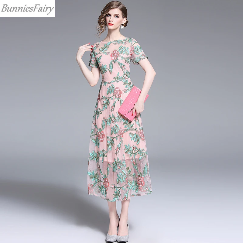 BunniesFairy 2019 летнее элегантное милое цветочное вышитое розовое Сетчатое платье феи