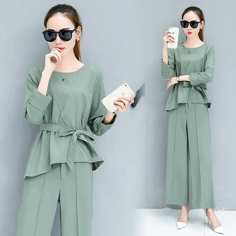 

Autumn new trousers outfit two-piece long sleeves casual pullover blouse belt wide-legged pants suit plus size clothing set