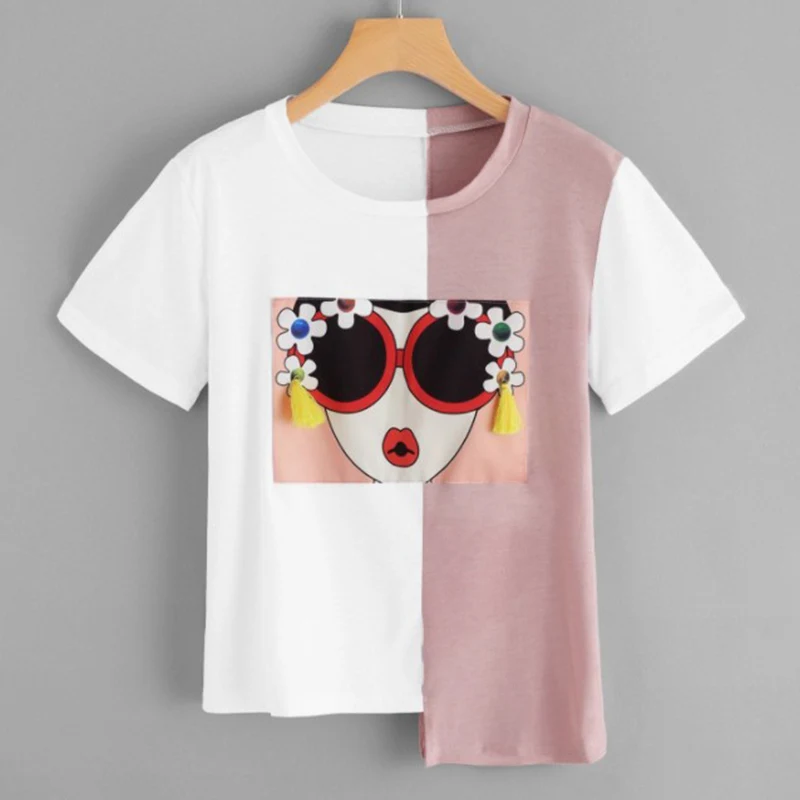 pink Женские футболки с асимметричным подолом и бахромой, круглый вырез, короткий рукав, Асимметричная футболка, летние свободные футболки - Цвет: pink