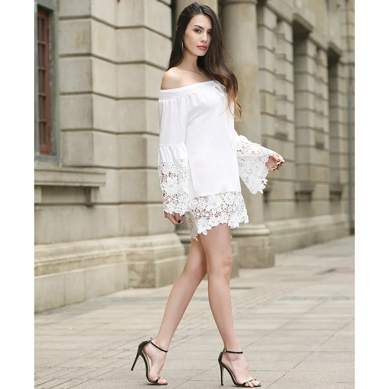 JLI MAY женщин кружева мини dress Slash шеи с плеча свободные черный белый сексуальная