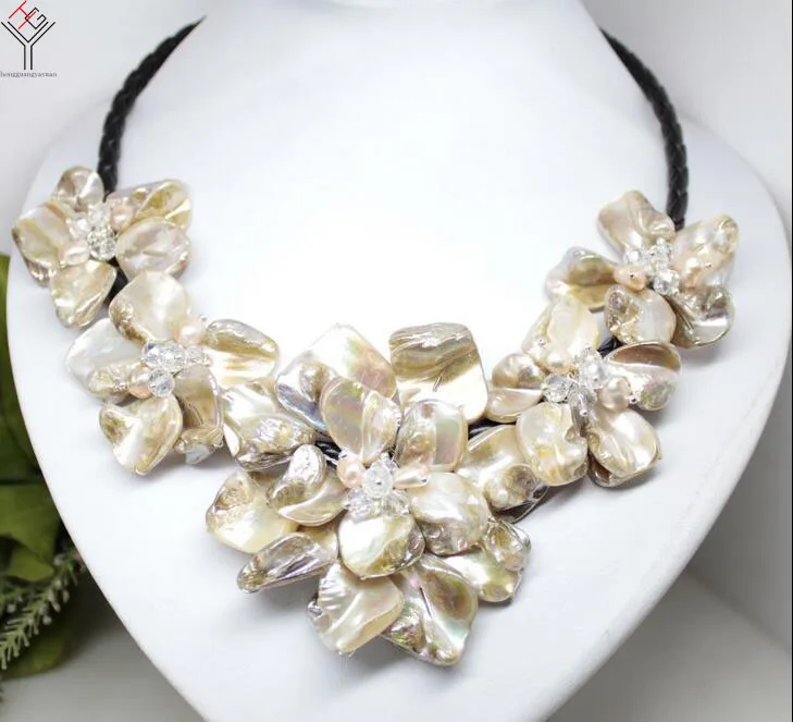 

Ожерелье женское из черной кожи, ювелирное изделие с натуральным жемчугом, подвеска из 5 цветов цвета шампанского, перламутровая раковина 18 ...