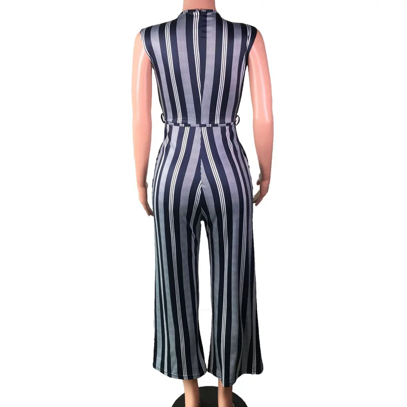 

2019 Europe and the United States Deep V-Neck Women's Fashion Sleeveless Vertical Stripes Loose Pants Jumpsuit