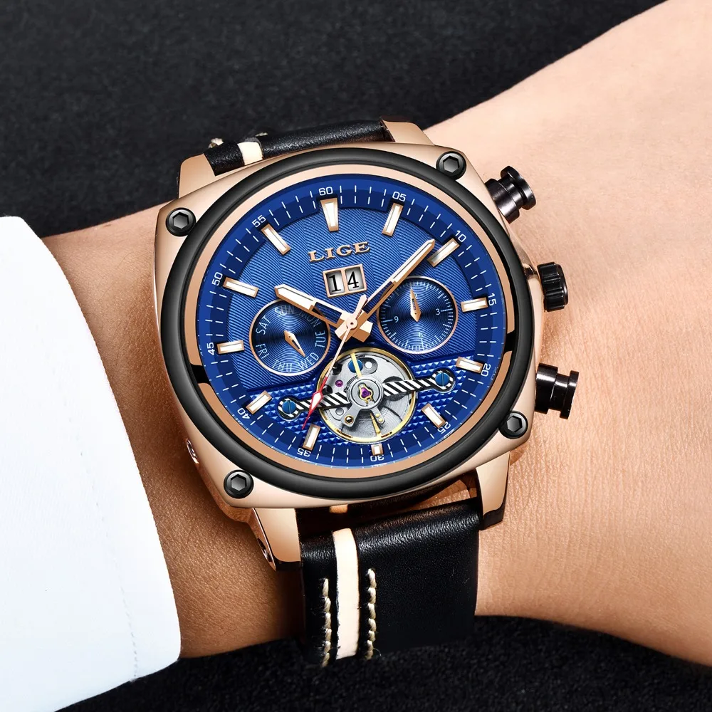 Новый бренд LIGE мужские часы автоматические механические Tourbillon спортивные