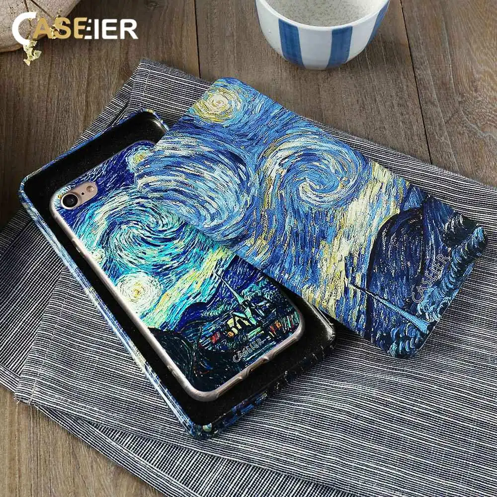 CASEIER Starry Night Phone Case + Gift Box For iPhone 5 6 7 8 Plus X Emboss Patterned Cover New Year Unique Funda Capinha |