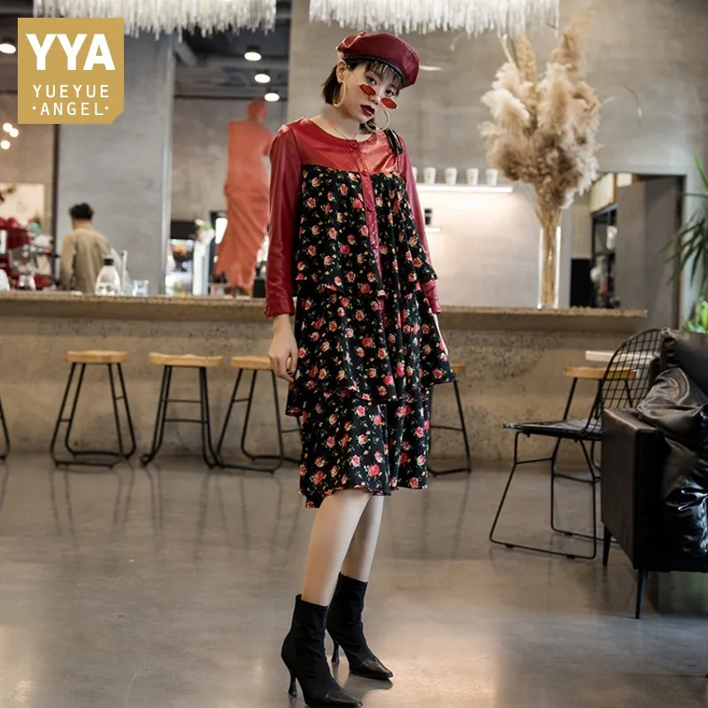 Женское лоскутное шифоновое платье из натуральной кожи весеннее красное