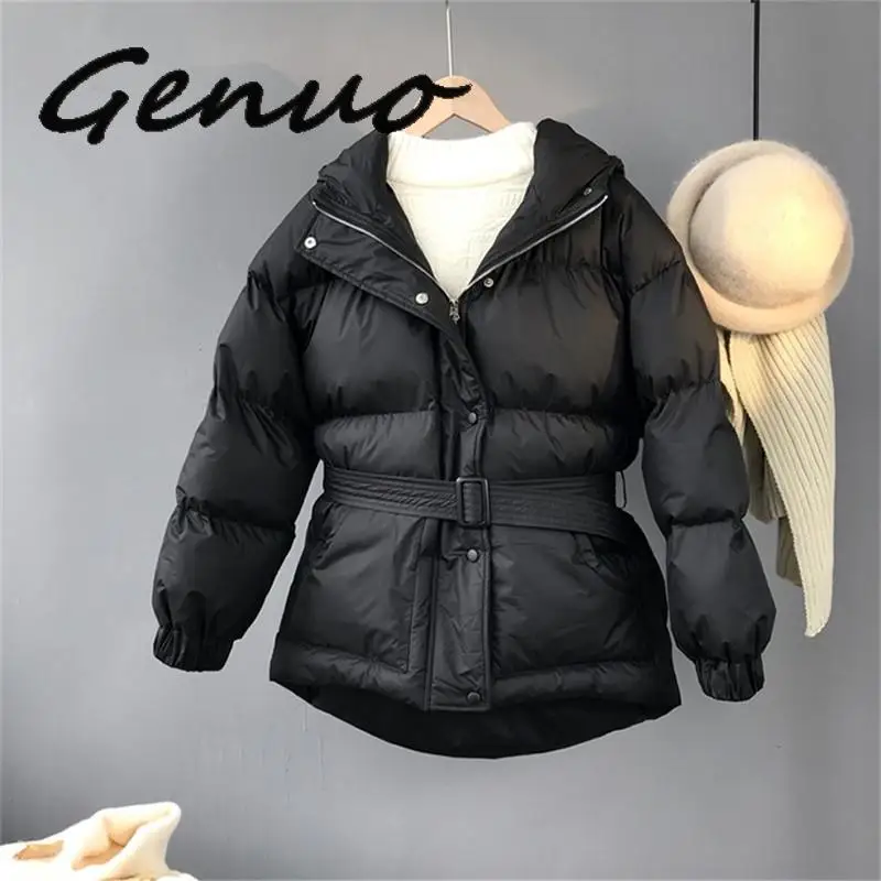 Genuo New Three Color Solid Women Parkas Hooded Zipper Single Breasted Coat Winter Thick Korean Fashion Sashes Jacket