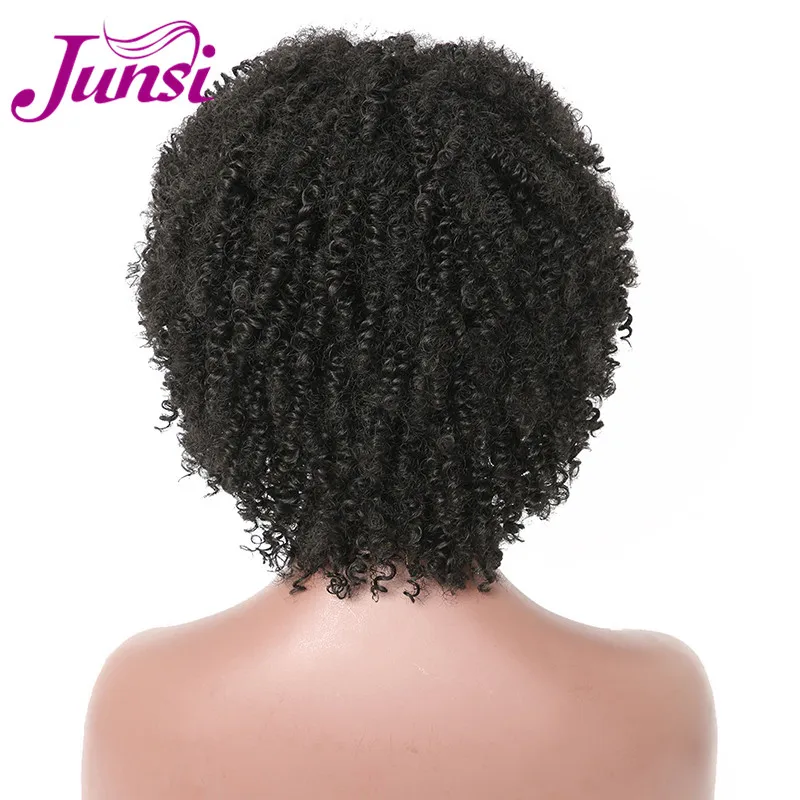 black JUNSI Короткие афро кудрявые синтетические парики для женщин Омбре золотые натуральные парики с челкой косплей Вечерние - Цвет: black