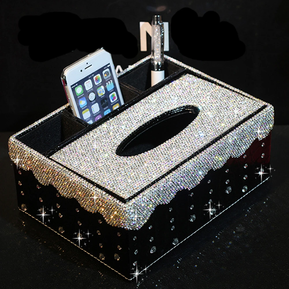 

Bling Rhinestone Black Car Paper Towel Box Napkin Cover Tissue Case Storage Box