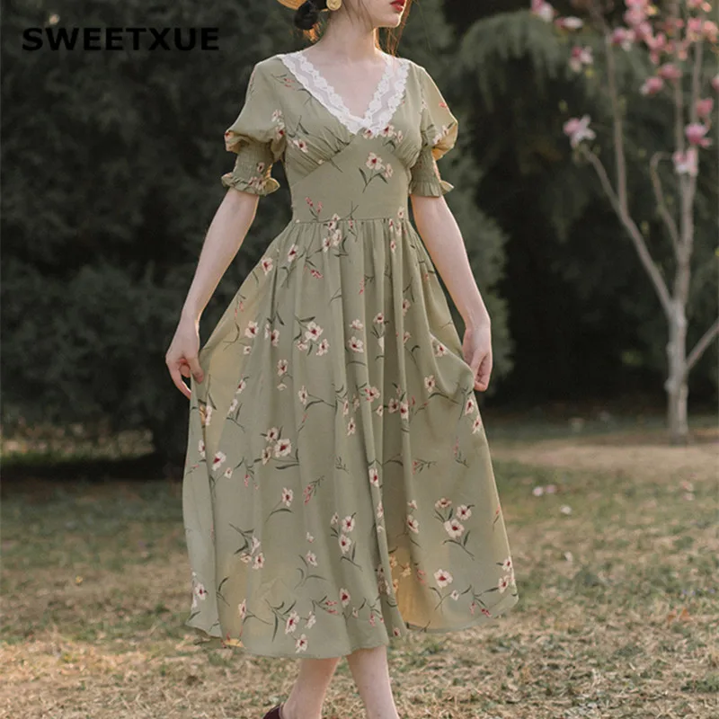 Женское платье с высокой талией SWEETXUE винтажное длинное пляжное v образным