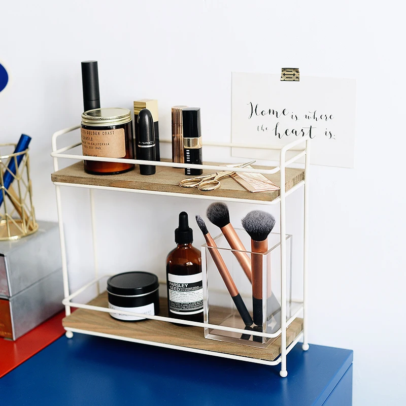 

Simple wrought iron solid wood partition double shelf kitchen spice rack girl desktop debris two-tier storage rack