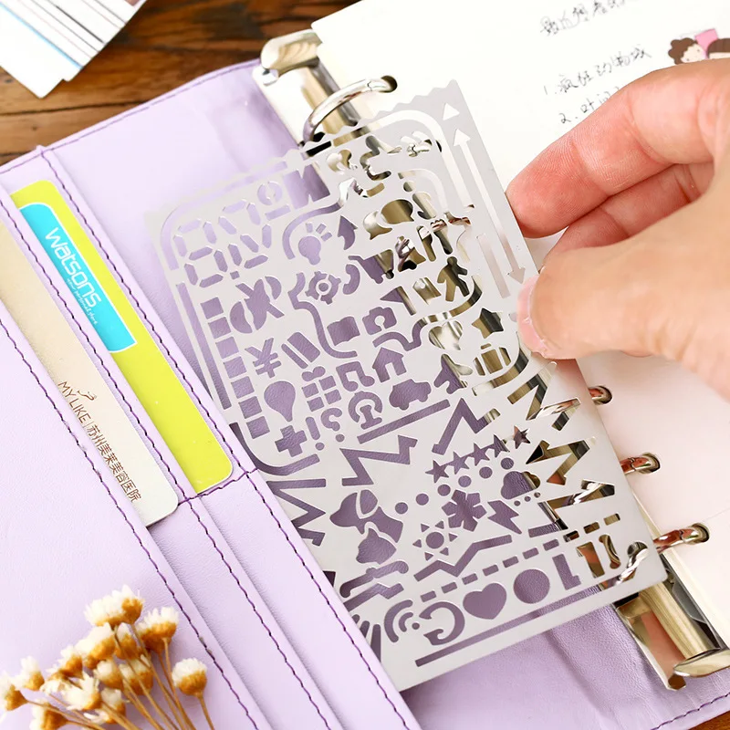 

Vintage Portable Stainless Steel Stencils Hollow Ruler Planner Travel Diary Notebook DIY Tool Filofax Template Gift Stationery