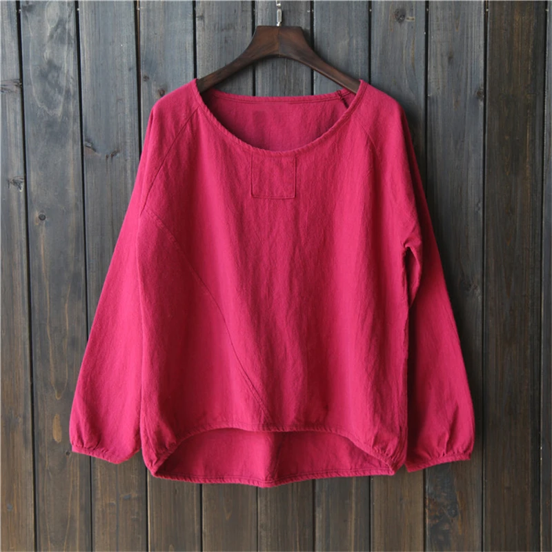 Johnature Women T-Shirts Long Sleeve Cotton Linen Tops Casual 2021 Autumn New O-Neck Loose Brief Puff Fashion | Женская одежда