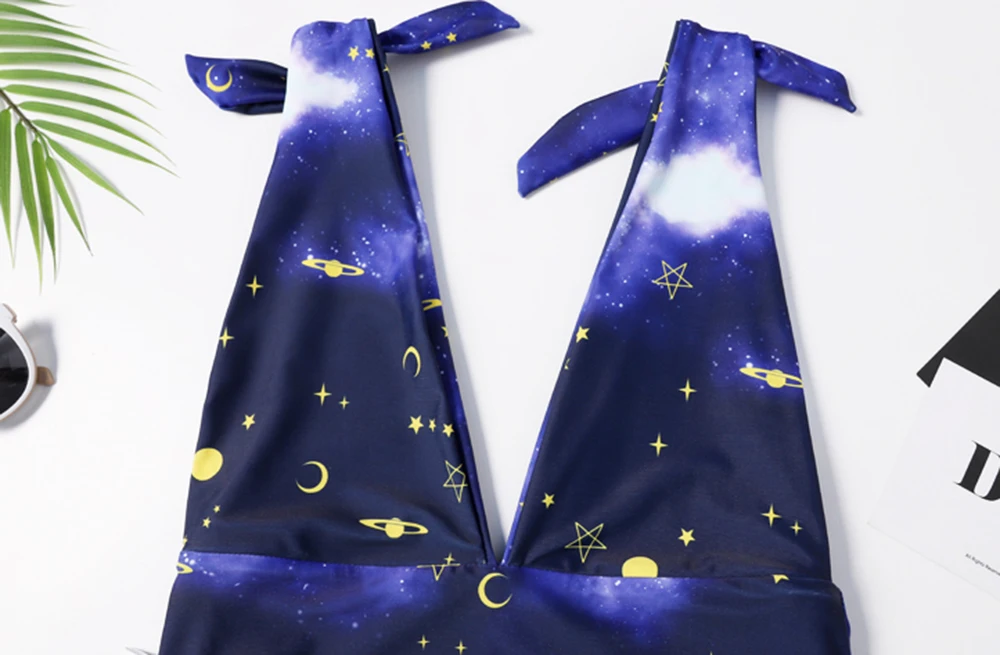 Floylyn Women Swimsuit Sexy One Piece Starry Sky Print Double Linings Bodysuit Swimwear Push Up Bathing Suit | Спорт и развлечения