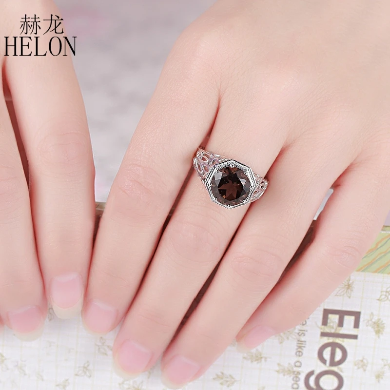 HELON Настоящее серебро 925 проба 3.76ct круглый вырез подлинная дымчатый кварц обручальное кольцо для женщин свадебные старинные ювелирные украшения