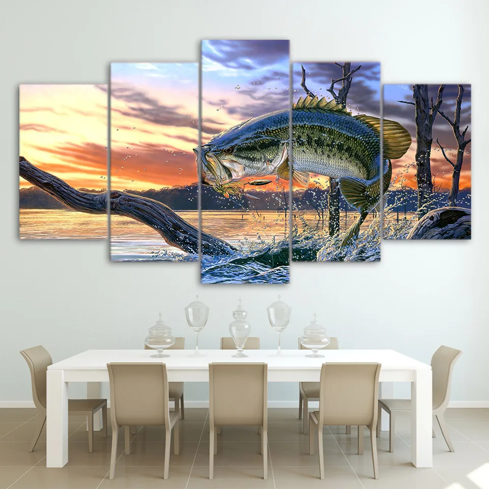 

Modular Canvas Wall Art Pictures Home Decor Living Room Modern HD Prints Poster 5 Pieces Jumping Bass Fishing Painting Framework