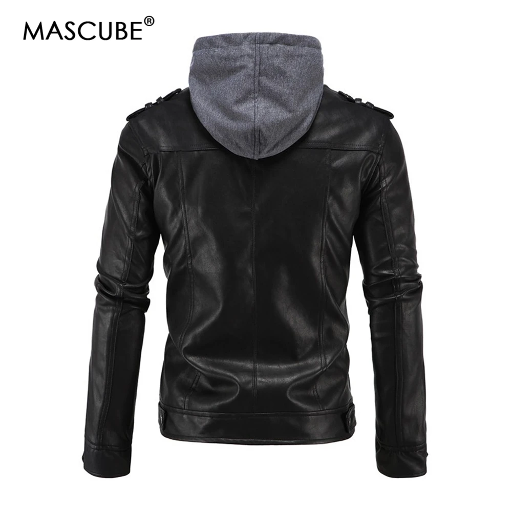 Мужские кожаные куртки MASCUBE с капюшоном черные мотоциклетные стильная модная