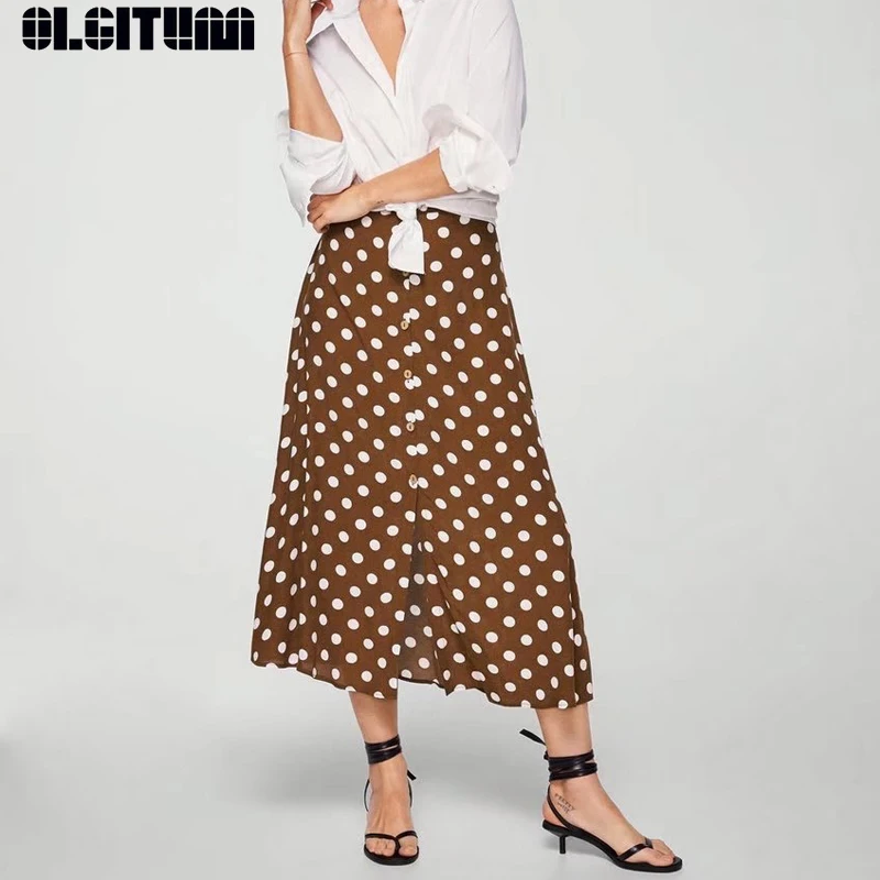 

New 2020 Women Vintage Dot Print Skirt Button Design Pockets A line Ladies Casual Summer Medium and Long Section Skirts SK396