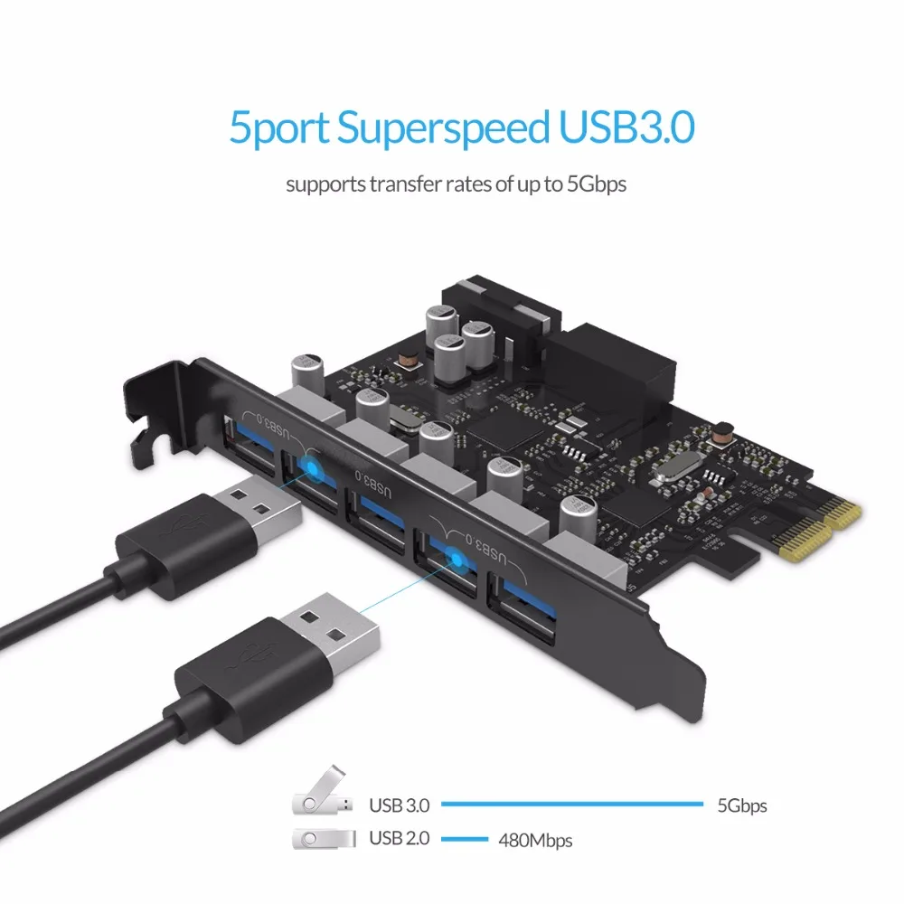 ORICO PVU3-5O2I USB3.0 5-Порты и разъёмы PCI-E карты расширения с двойной чип высокая-Скорость 5 Гбит Черный PCBA с 20 Pin слот